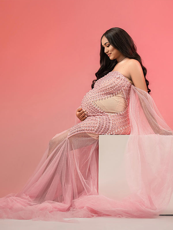Flowy Off Shoulder Tulle Beading Pearls Rhinestone Bodice Mermaid Elegant Cocktail Evening Gown Luxury Sheer Maternity Baby Shower Maxi Dress Maternity