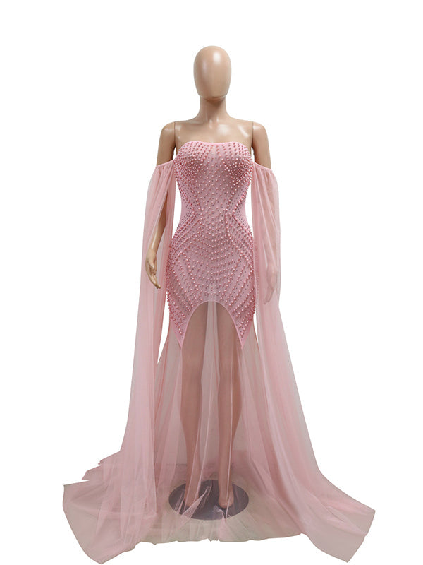 Flowy Off Shoulder Tulle Beading Pearls Rhinestone Bodice Mermaid Elegant Cocktail Evening Gown Luxury Sheer Maternity Baby Shower Maxi Dress Maternity