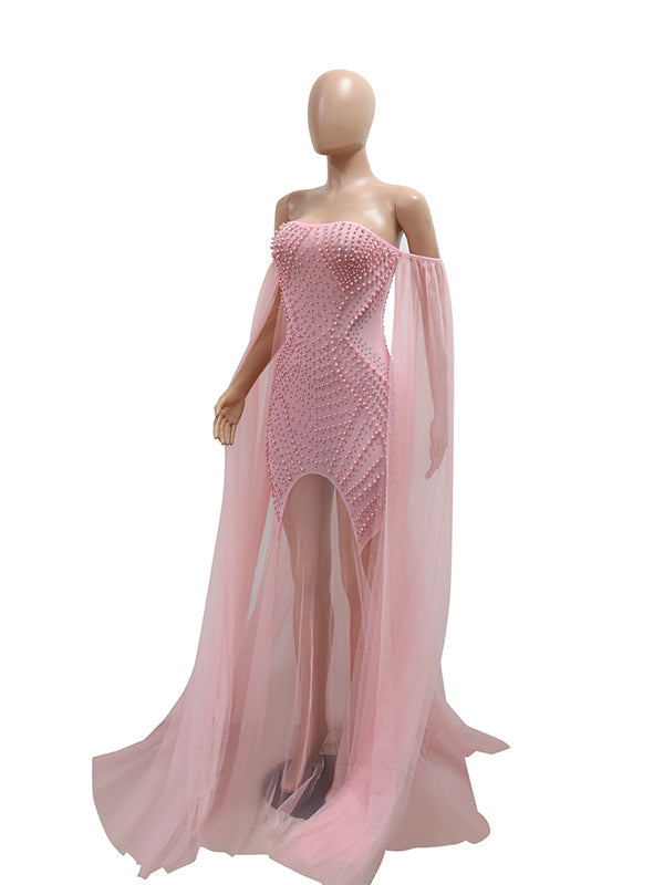 Flowy Off Shoulder Tulle Beading Pearls Rhinestone Bodice Mermaid Elegant Cocktail Evening Gown Luxury Sheer Maternity Baby Shower Maxi Dress Maternity