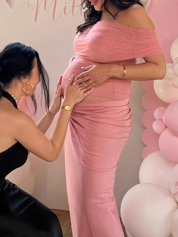 Mesh Patchwork Off Shoulder Ruched Cut Out Bodycon Elegant Cocktail Party Maternity Baby Shower Maxi Dress Maternity