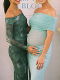 Mesh Patchwork Off Shoulder Ruched Cut Out Bodycon Elegant Cocktail Party Maternity Baby Shower Maxi Dress Maternity