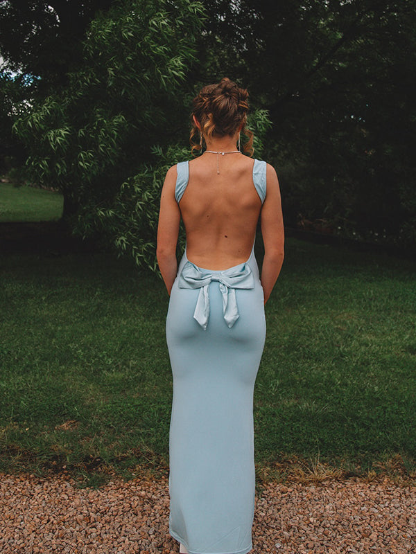 Solid Color Bow Tank Backless Mermaid Elegant Cocktail Party Maternity Baby Shower Maxi Dress Maternity