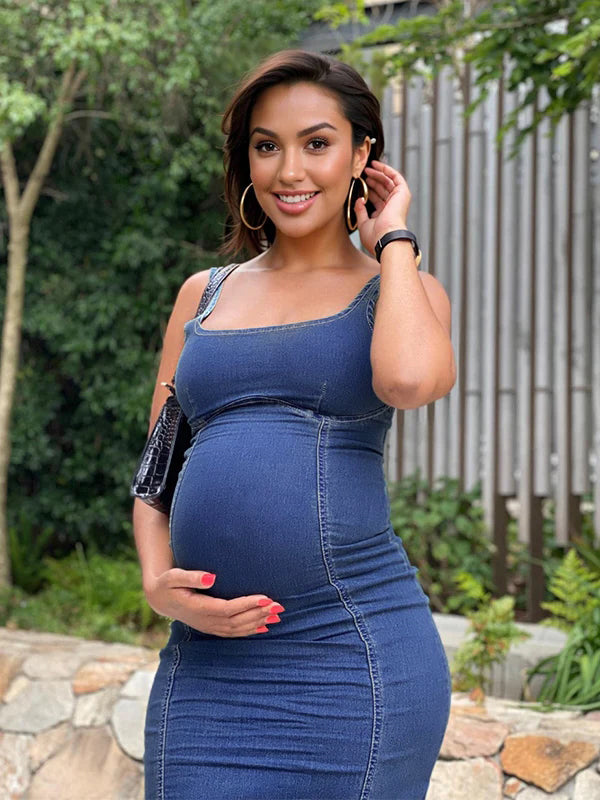 Denim Back Zipper Bodycon Fashion Daily Party Baby Shower Maternity Maxi Dress Maternity