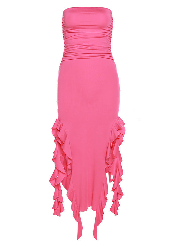 Rose Carmine Ruffle Slit Bodycon Fashion Party Photoshoot Babyshower Maternity Midi Dress Maternity