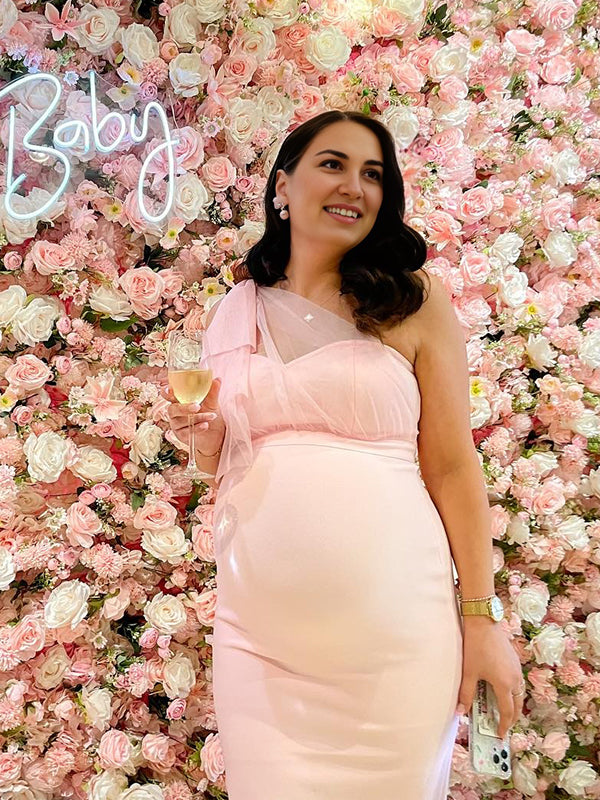 Tulle Bow One Shoulder Back Slit Zipper Bodycon Elegant Cocktail Party Gown Maternity Photoshoot Baby Shower Midi Dress Maternity