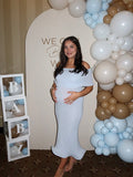 Light Blue Knit Off Shoulder Wire Ripple Hem Bodycon Elegant Cocktail Party Maternity Baby Shower Midi Dress Maternity