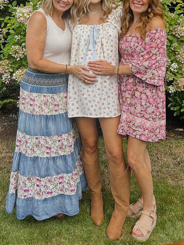 White Floral Bow Puff Sleeve Cute Baby Shower Maternity Mini Dress Maternity
