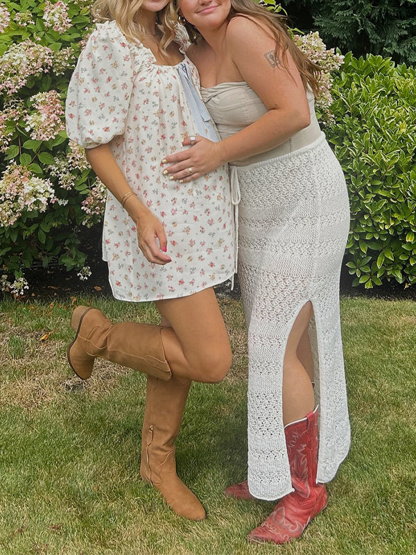 White Floral Bow Puff Sleeve Cute Baby Shower Maternity Mini Dress Maternity