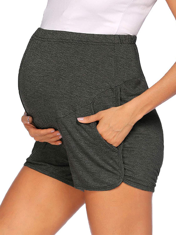 Solid Color Over The Belly Side Slits Pockets High Waisted Workout Cozy Pants Casual Maternity Shorts Maternity
