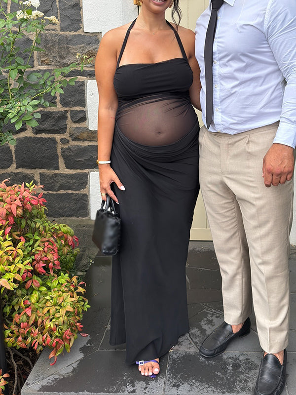 Mesh Patchwork Ruched Cut Out Halter Neck Backless Bodycon Elegant Maternity Baby Shower Party Maxi Dress Maternity