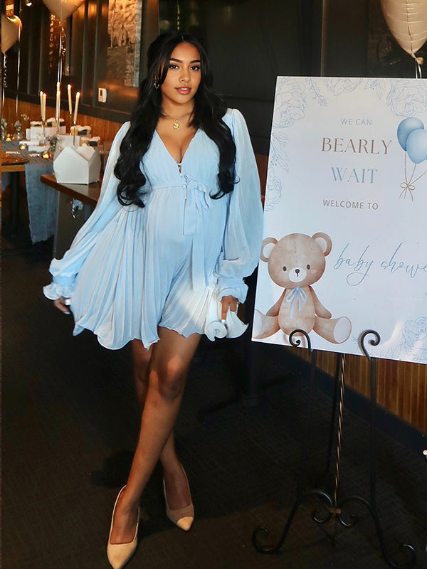 Blue Pleated Belt Single Breasted Elegant Maternity Baby Shower Short Jumpsuit Maternity