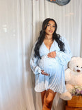 Blue Pleated Belt Single Breasted Elegant Maternity Baby Shower Short Jumpsuit Maternity