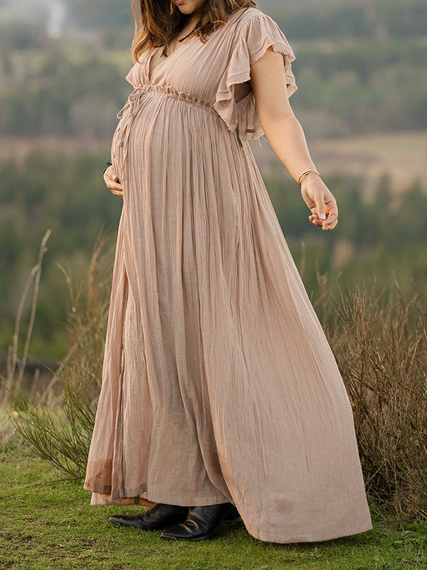 Khaki Bohemian Drawstring Single Breasted Maternity Photoshoot Baby Shower Maxi Dress Maternity