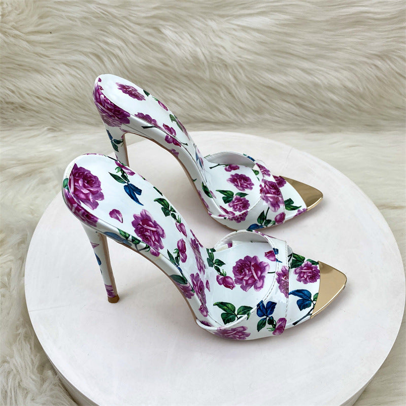 Summer Word Drag High Heel Shoes 12CM Tip Finger Fine Heel Sexy Printed Women's Shoes High Quality Shoes