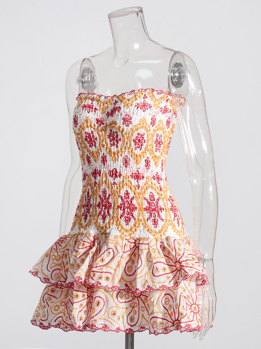 Summer New Sexy Smear Embroidery Hollow Lotus Leafy Dress To Collect Waist Thin Print Slim Dress
