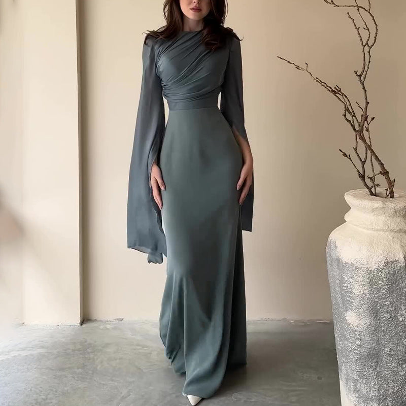 And Autumn 2024 Solid Color Splicing Big Swing Sleeve Collar Body Repair Dress Dress