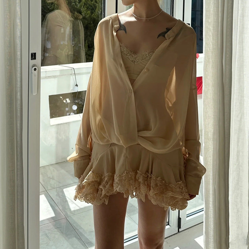 2025 Vintage Chiffon Lace Skirt Suit