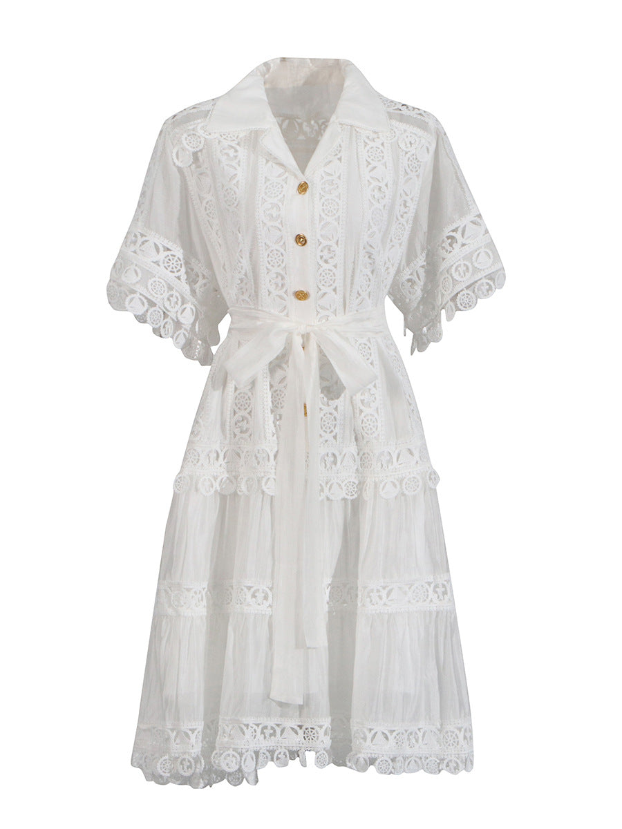 Temperament Vintage Short Dress 2025 Summer New Collar Embroidered Hollow Lace Dress Dress Woman