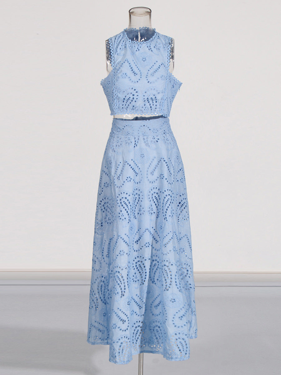 Holiday Wind 2025 New Round Collarless Bare Waist Vest High Waist Half-Dress Embroidered Two Sets Of Women