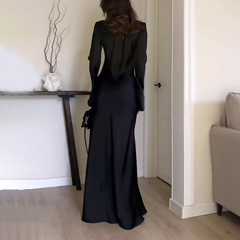 Women's Round-Neck High-Rise Long Dress Micro-Horn Sleeve Slimming-Bum-Bum-Bum Dress