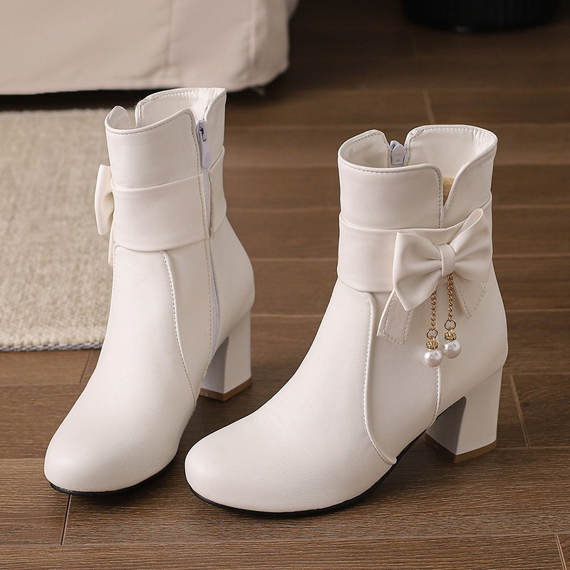 Size Women's Shoes Bows Coarse And Short Boots Women's Korean Version Of High Heel Boots High Quality Shoes