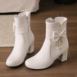 Size Women's Shoes Bows Coarse And Short Boots Women's Korean Version Of High Heel Boots High Quality Shoes