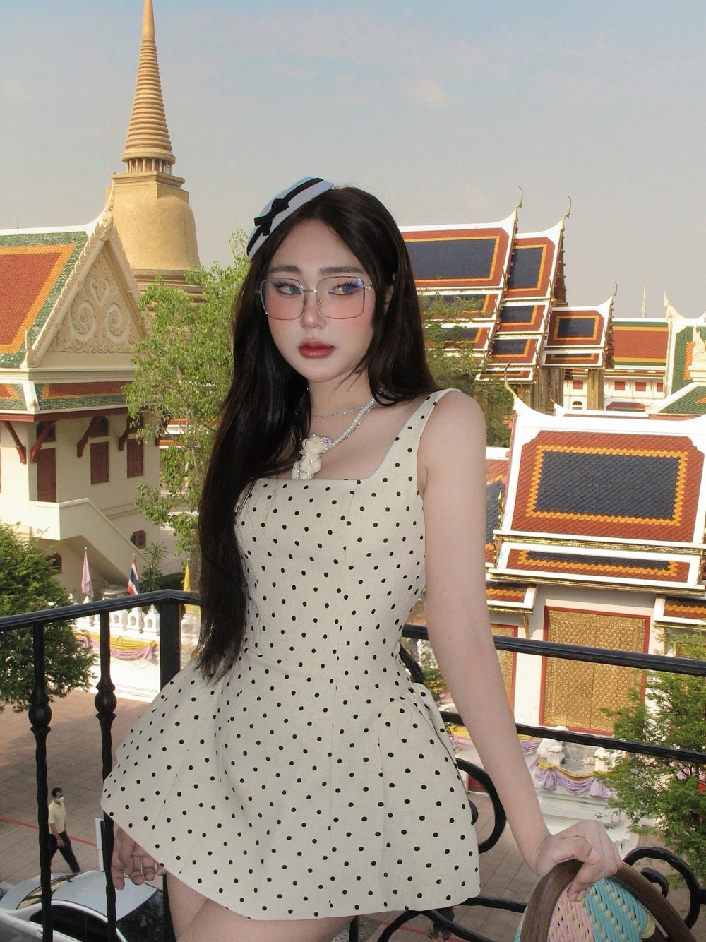 Shuxin Jennie With The Same High-End French Sweet Dot Dress Woman Thin Folded Folded Folded Tying Dress