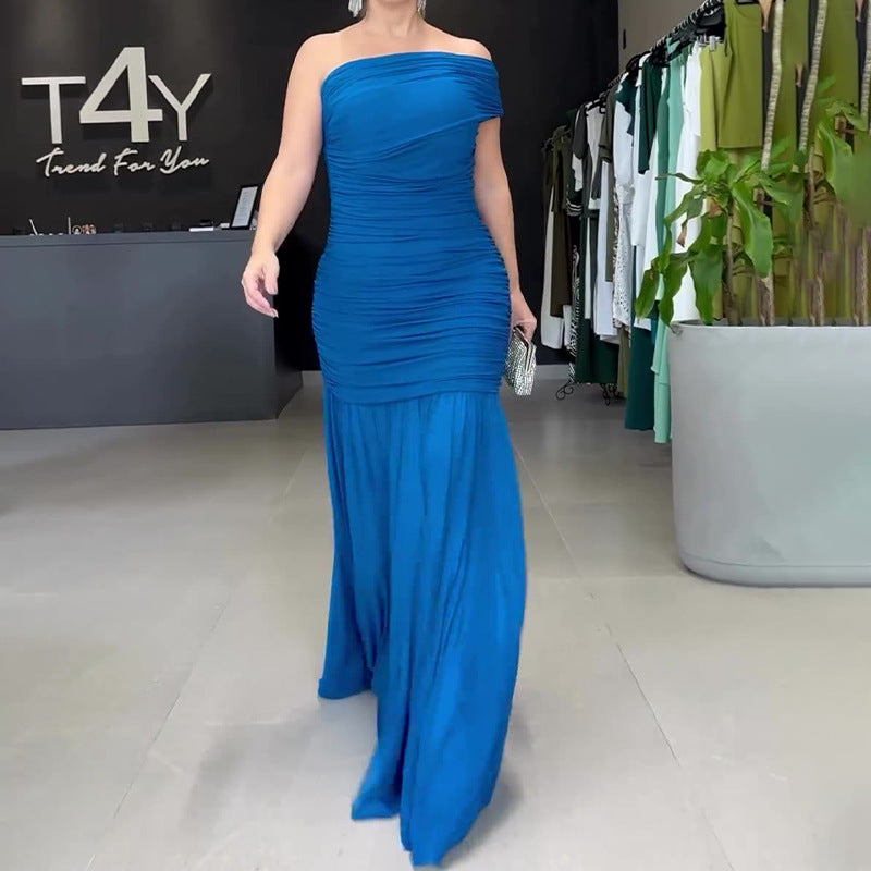 2024 Slanted Shoulder-To-Shoulder Dress Slim Slim Spliced Fishtail Dress