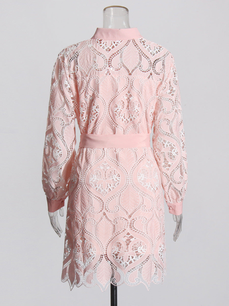 French Retro Embroidered Short Dress 2025 Summer New Collar Long Sleeves To Close The Waist Irregular Dress Woman