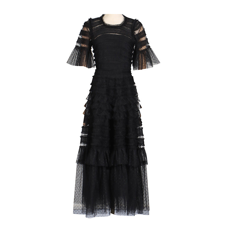Elegant Dress 2025 Spring New Round Neck Pressure Folding Mesh Splicing Wave Point Cake Skirt