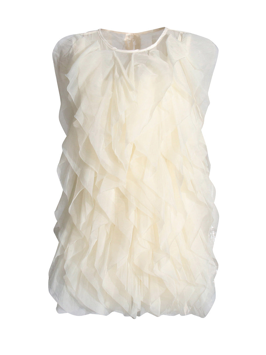 Temperament Thin Dress Women's Dress 2025 Spring New Sleeveless Wood Ear Folding Mesh Cake Skirt