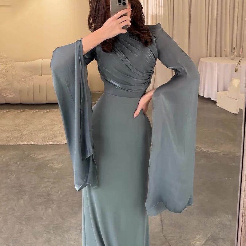 And Autumn 2024 Solid Color Splicing Big Swing Sleeve Collar Body Repair Dress Dress