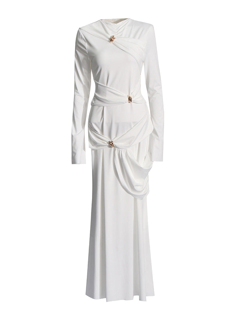 Temperament Gentle And Intellectual Wind 2025 Spring New Long Sleeve Asymmetric Fold Knitting Elastic Dress Dress Woman