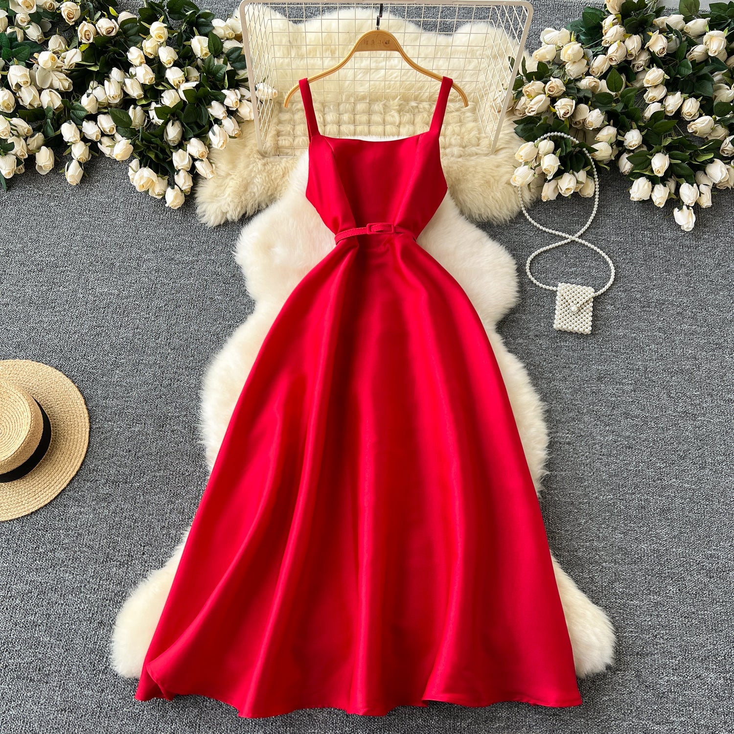 A line Straps Red Holiday Dresses Midi Length Women's Dress SD1271