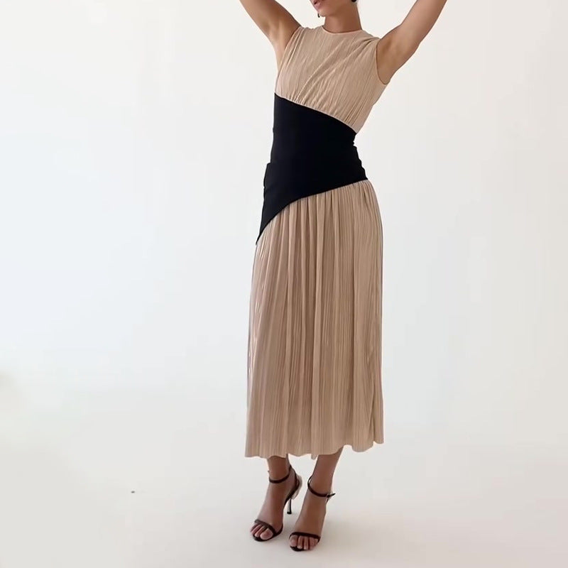 2024 Women's Clothing Folds Irregular Black Spliced Sleeveless Long Dress