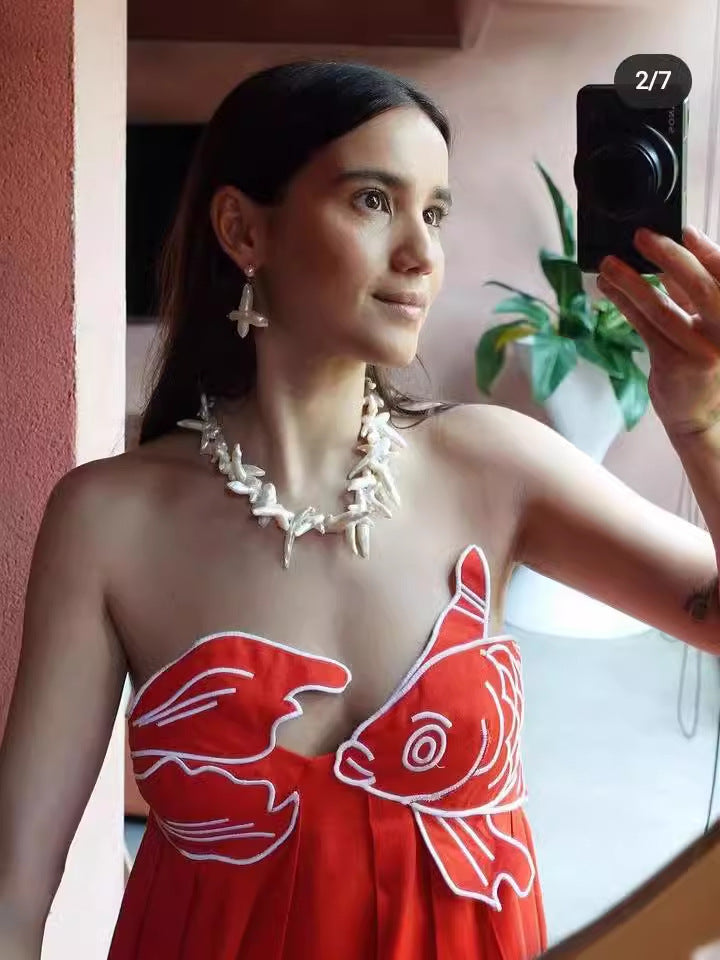 Sensense Fish-Shaped Three-Dimensional Embroidery Chest Pressure Folded Red Sling Dress 2024 Spring And Summer New