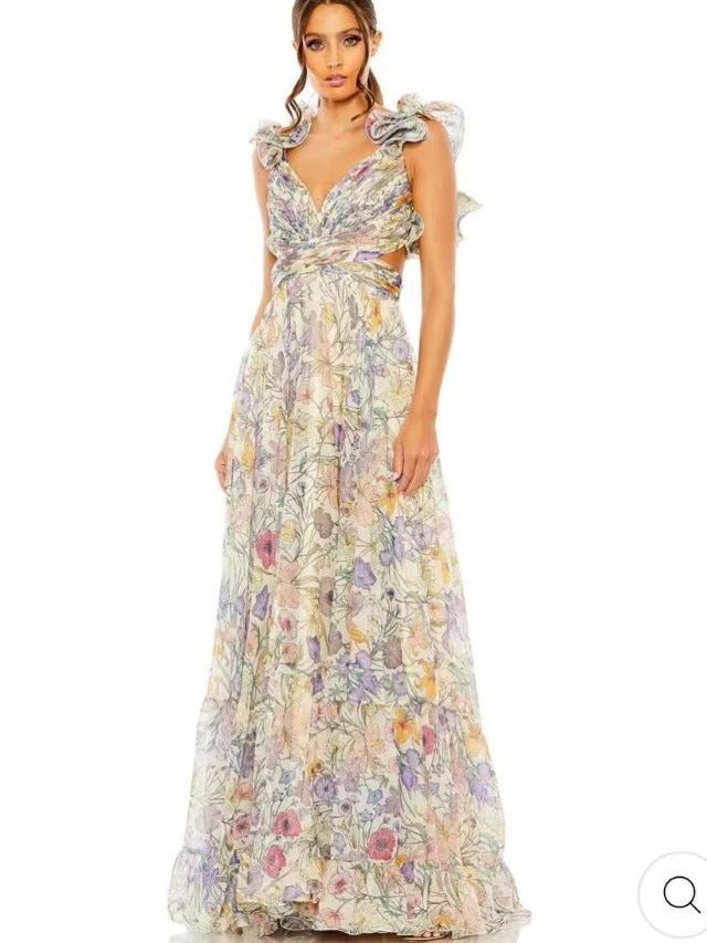 2024 Holiday Windwood Ear Sleeveless Back Cross-Lace Sexy Dew Chopped Flower Chiffon Skirt Long Dress
