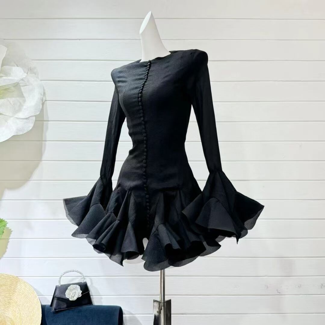 A-Word Puffed Dress Vietnamese Niche Autumn Collared Horn Sleeves Single-Clip-Enveheded Butbum Skirt Skirt