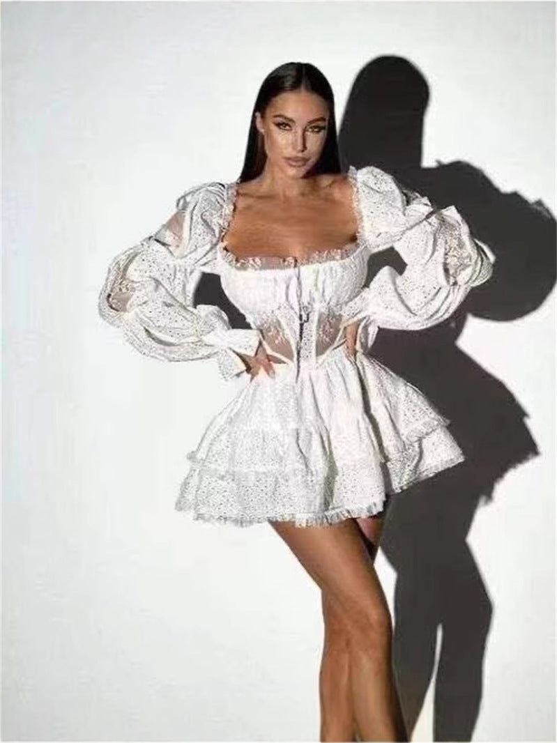 Autumn Niche Trendy Holiday Sexy Square Collar Low Chest Waist Short Top + High Waist Skirt Suit