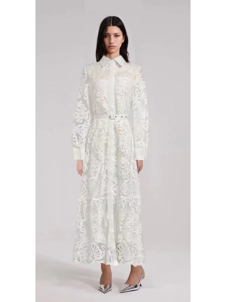 2024 Australian Fashion Elegant Collar Lantern Sleeve With Belt Embroidered Air Dress Dress