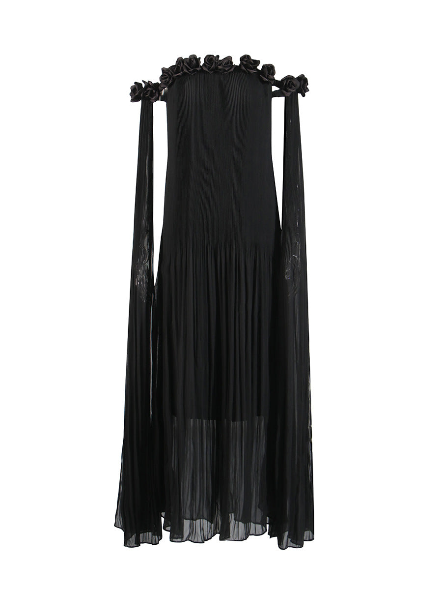 2025 New One-Word Three-Dimensional Flowers Splicing Shoulder Sexy Long Folding Long Folded Skirt Woman