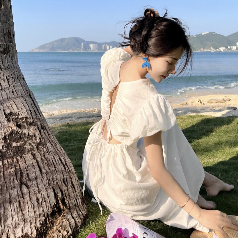 Bare Back Seaside Holiday Dress Sanya Photo Beach Dress Showing Thin Bubble Sleeves Super Fairy Dress