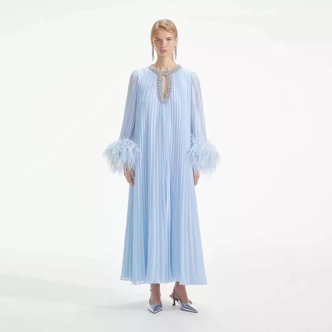 2024 New Round-Neck Heavy Industry Nail Nails And Fur Folding Process Horn Sleeve Long Dress