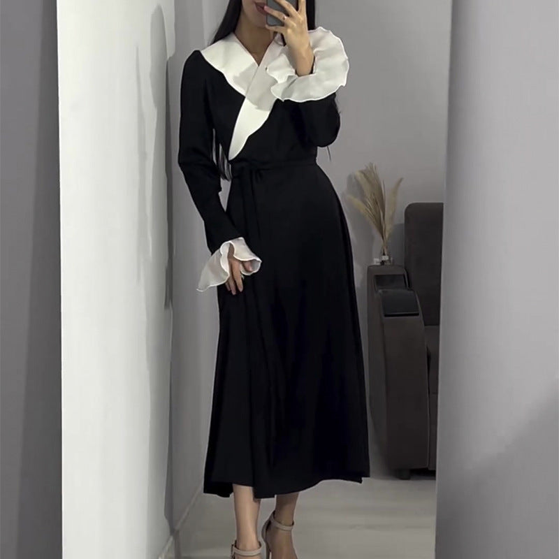 Cross Lotus Collar Temperament Black And White Bumpy Leaf Sleeve Umbrella Dress Dress Dress Dress
