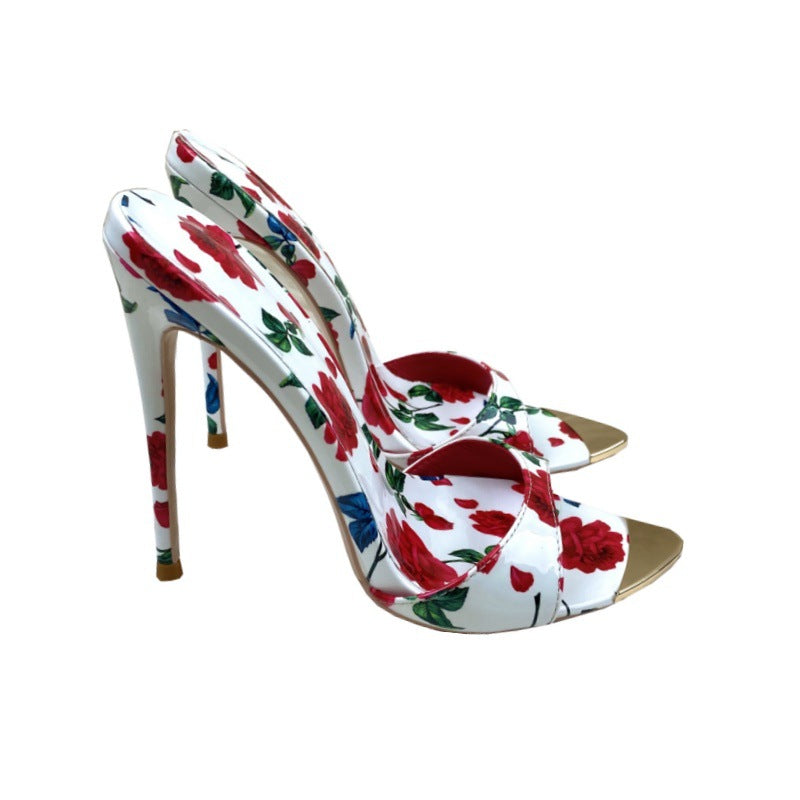 Summer Word Drag High Heel Shoes 12CM Tip Finger Fine Heel Sexy Printed Women's Shoes High Quality Shoes