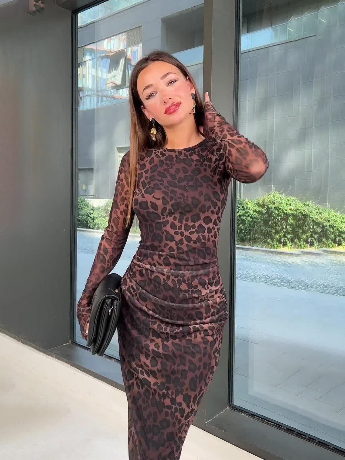 2024 New Temperament Round-Neck Print Leopard Print Mid-Rise Dress Dress Dress Woman