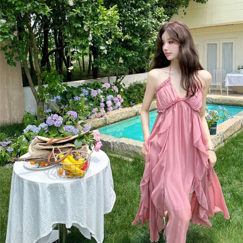 Lotus Leaf Side Pink Holiday Hanging Back Hanging Neck Sling Dress Female Atmosphere Feel Seaside Take Pictures Long Skirt