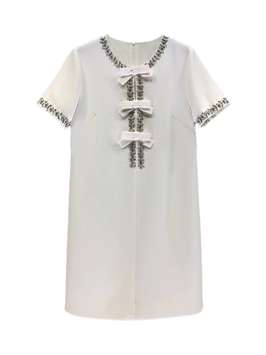 Diamond Drill Skirt 2025 Summer New Round Neck Short Sleeves Solid Color Waist Dress Dress Woman