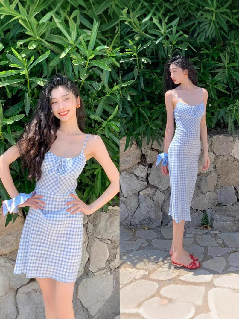 Mengling With A Sweet Blue Checkerge Dress 2025 Retro Square Collar Sexy Body Dress