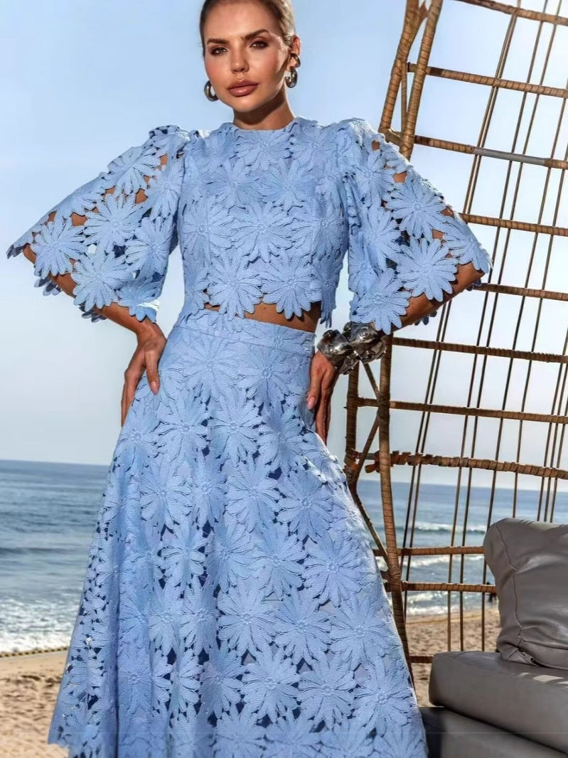 Spring And Summer Embroidery Hollow Round Horn Short Top + Holiday Water-Soluble Lace Skirt Dress Suit